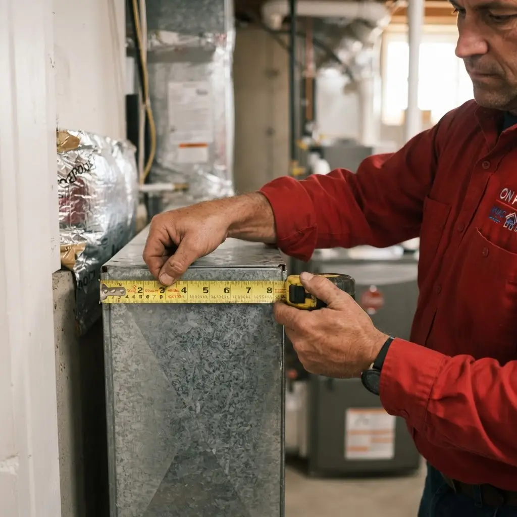 A technician measuring ductwork to size a furnace for a home
