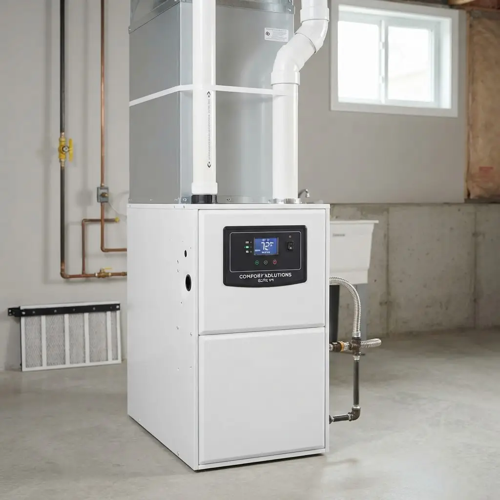 A modern high-efficiency gas furnace installed in a residential home