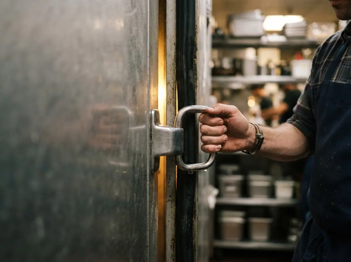 Hand pulling a walk-in cooler door shut, rubber seal visible