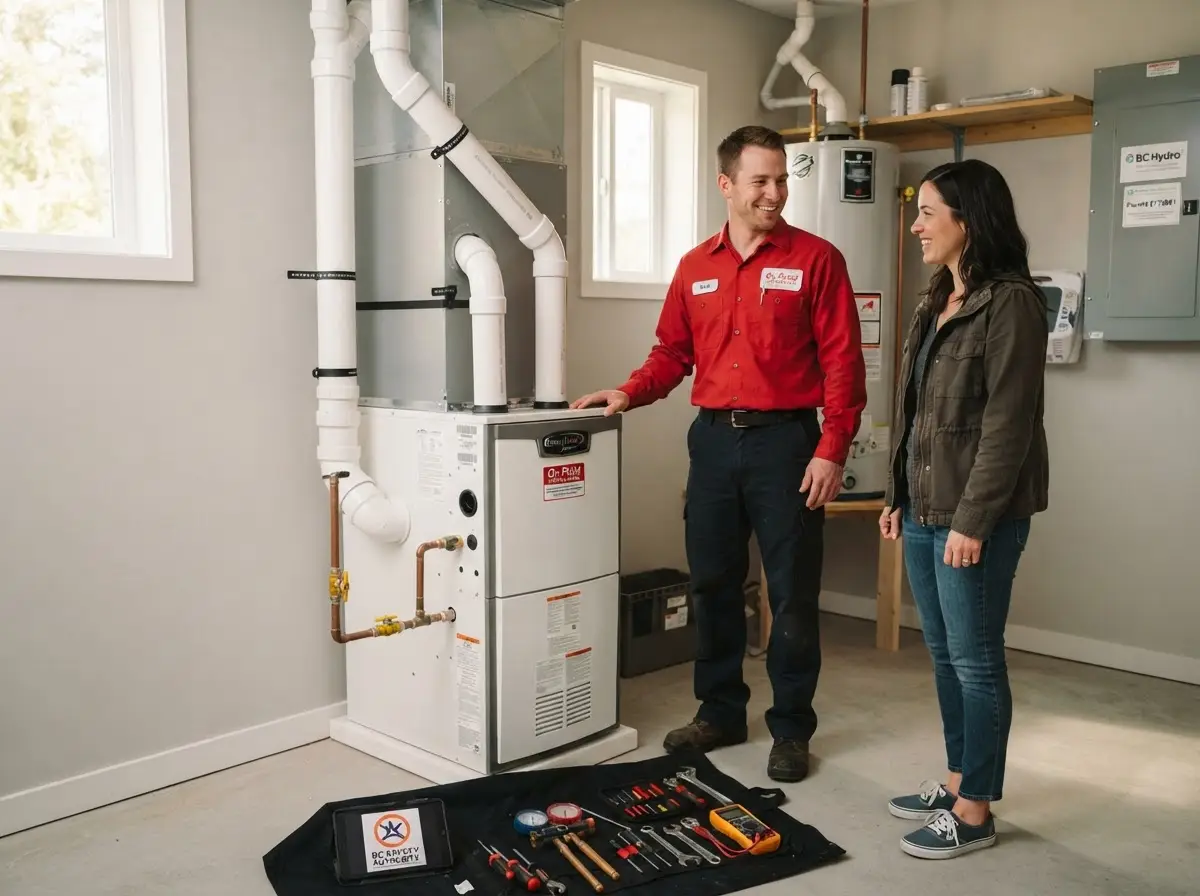 A licensed On Point Refrigeration technician completing a new high-efficiency furnace install in a Vancouver Island home