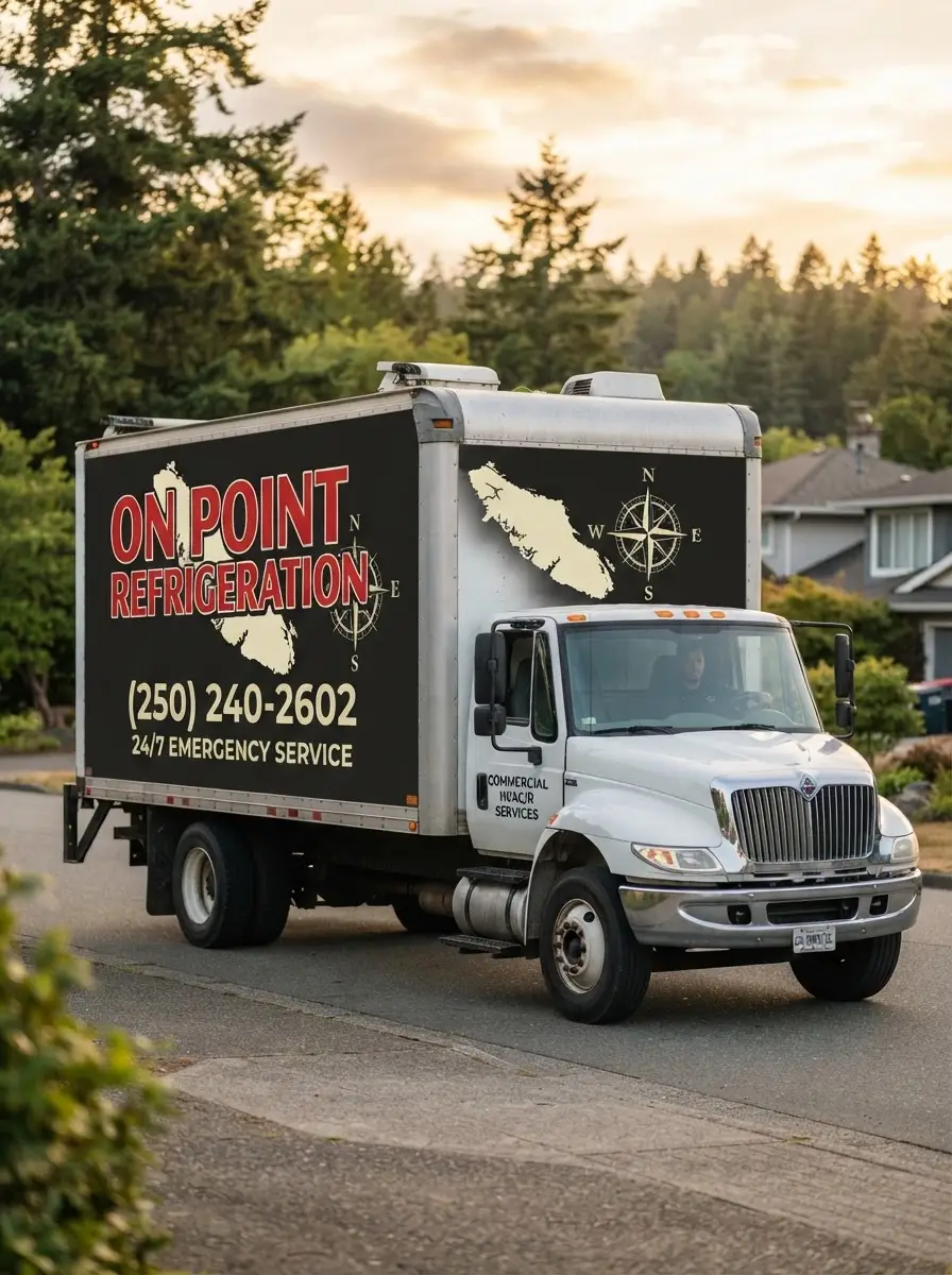 On Point Refrigeration box truck with the company logo, phone (250) 240-2602, and 24/7 emergency service, parked on Vancouver Island