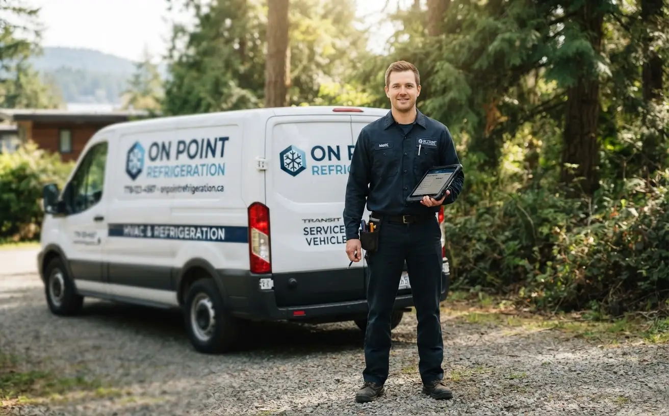 On Point technician standing next to a service van, friendly and professional