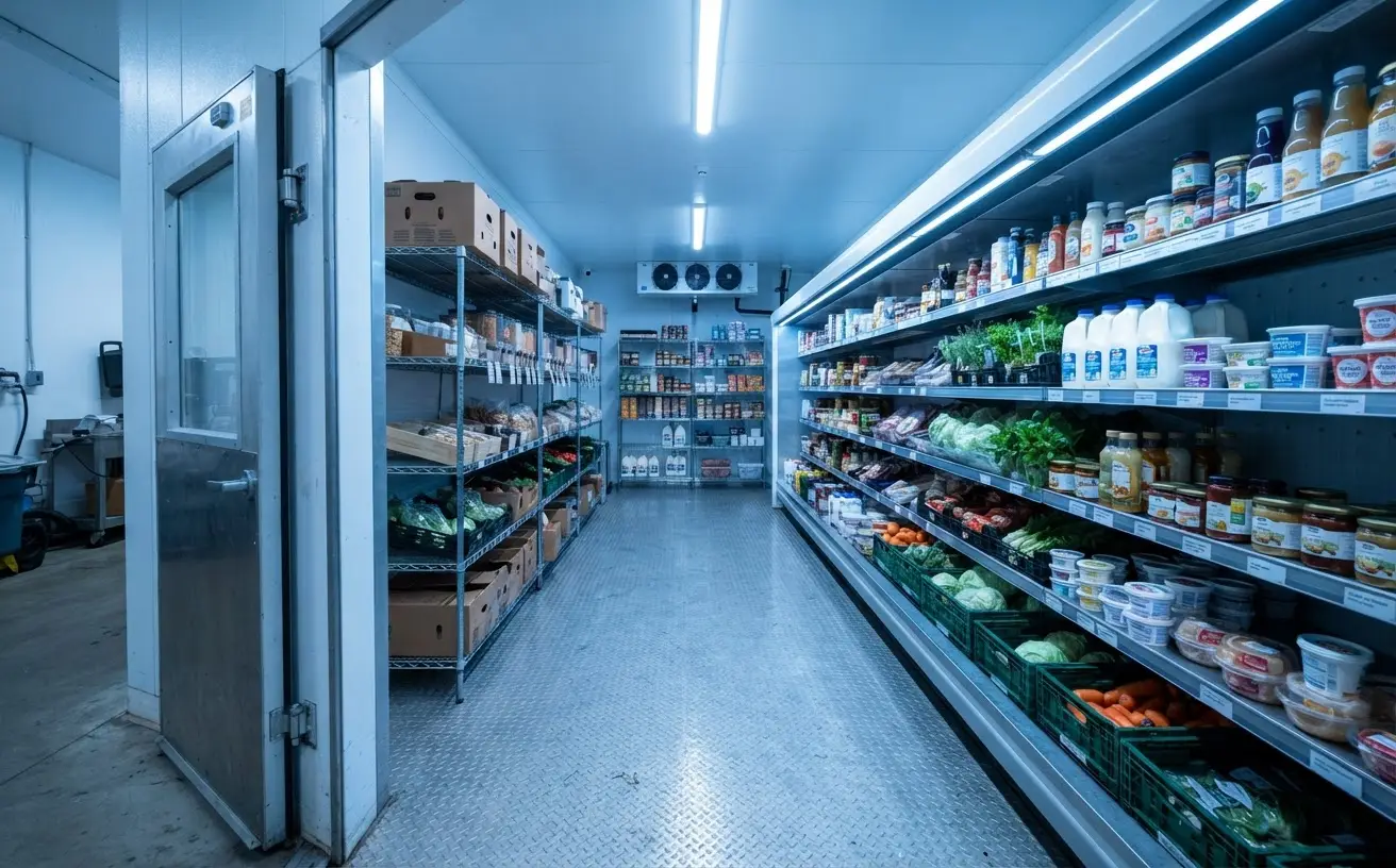 Interior of a commercial walk-in cooler with shelving